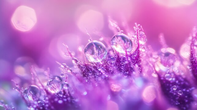 Close-up of glistening trichomes on a vivid purple cannabis strain, showcasing intricate details and droplets reflecting light in a luminous backdrop.