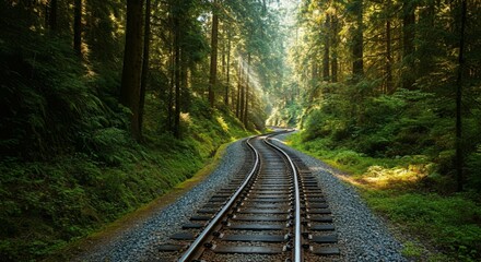 Scenic railway track winding through a lush green forest