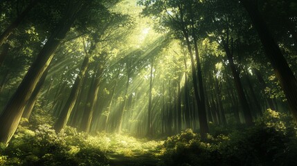 Obraz premium A dense forest filled with towering trees, sunlight filtering through the thick canopy