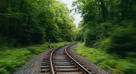 Obraz premium Scenic railway track winding through a lush green forest