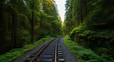Scenic railway track winding through a lush green forest