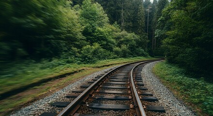 Obraz premium Scenic railway track winding through a lush green forest