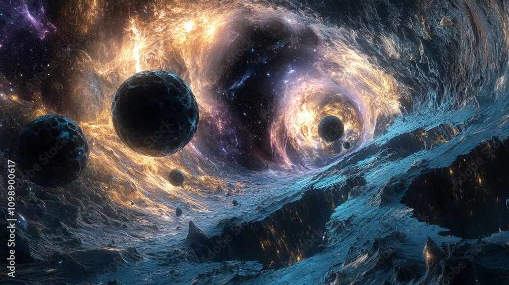 Poster a digital rendering of a cosmic landscape where multiple universes overlap, with black holes serving