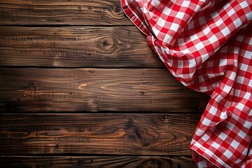 Obraz premium Red and white checkered tablecloth on a rustic wooden background