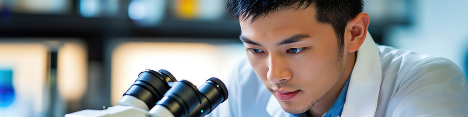 Asian male scientist wearing lab coat, working at microscope in research laboratory.
