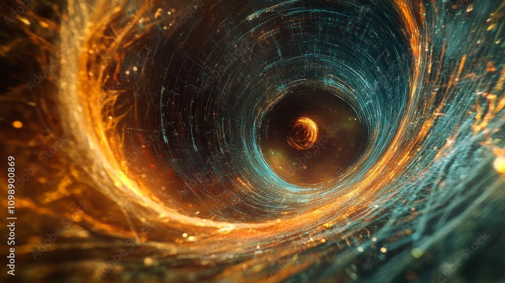 Poster a digital visualization of a time loop created by a black hole gravitational pull, with an object ex