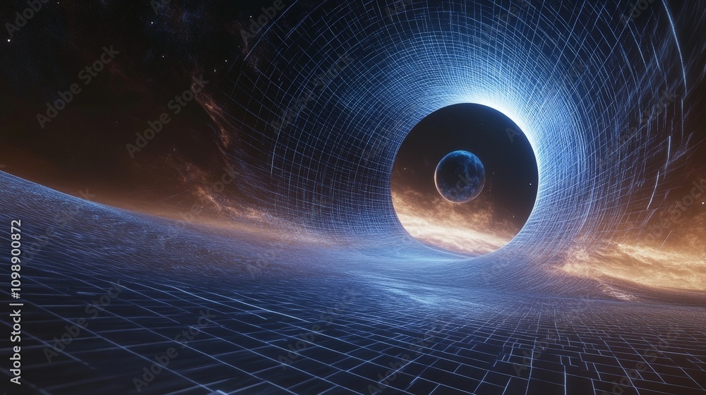 Poster a digital visualization of a time loop created by a black hole gravitational pull, with an object ex