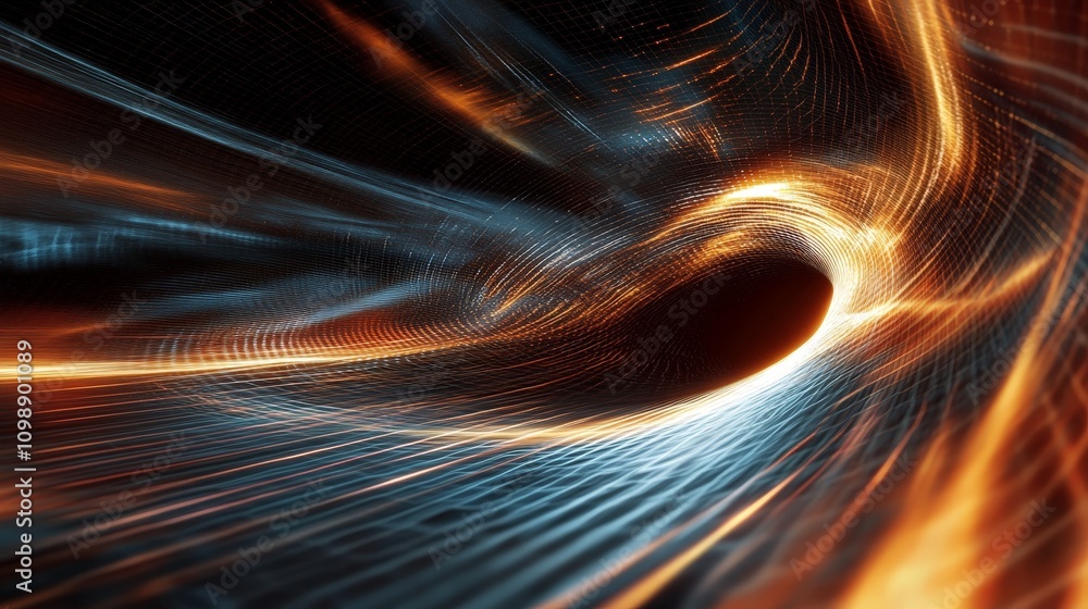 Poster a dynamic computer-generated visualization of a black hole warping the fabric of space-time, with gr