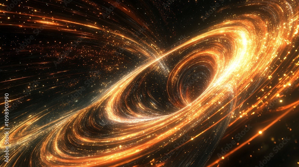 Poster a dynamic computer-generated visualization of a black hole warping the fabric of space-time, with gr