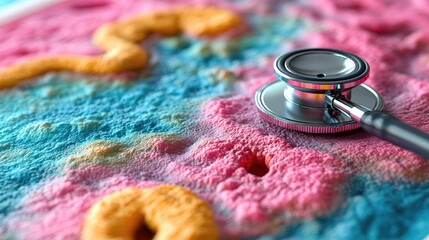 Tablet screen showing sepsis diagnosis with colorful abstract background and a stethoscope highlighting medical analysis and care concepts.