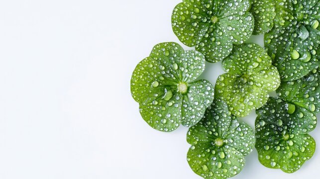 Lush Centella asiatica leaves adorned with droplets, isolated on a clean white background, viewed from above showcasing fresh greenery.