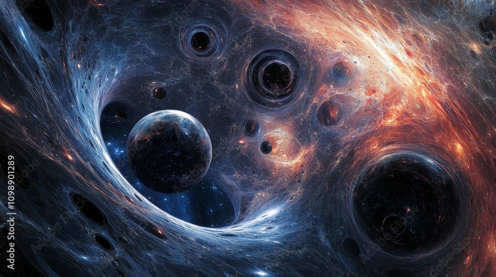 Poster a dynamic illustration of multiple universes connected by black holes, suggesting a multiverse struc