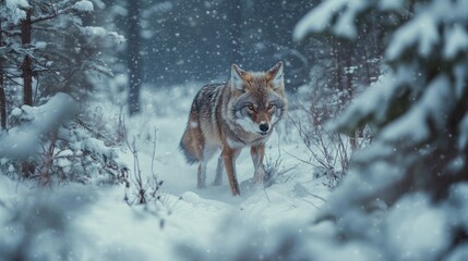 Naklejka premium Coyote navigating through a snowy forest, embodying the spirit of wild Canis latrans in its natural habitat, captured in stunning wildlife photography.