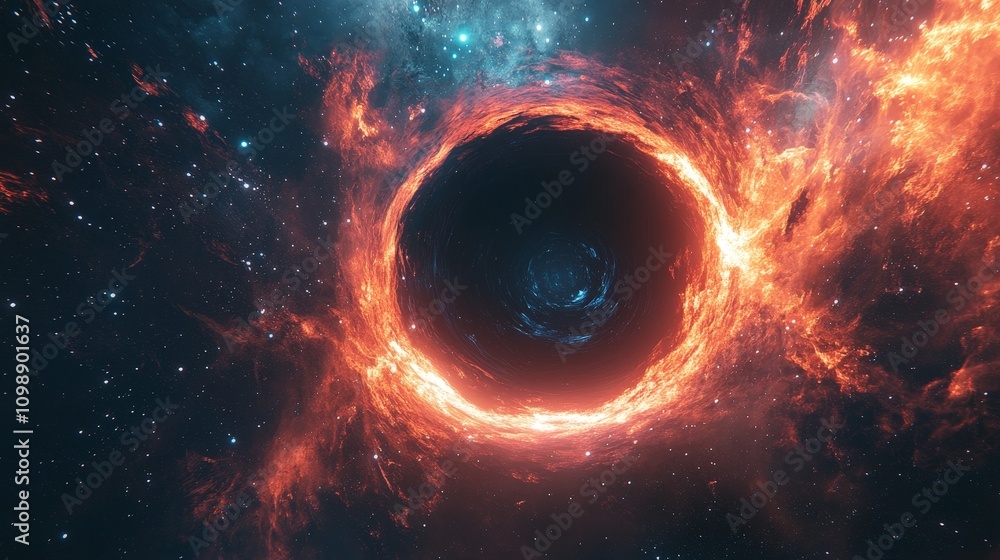 Poster a dynamic scene from a popular tv series featuring a black hole as a gateway to another dimension or