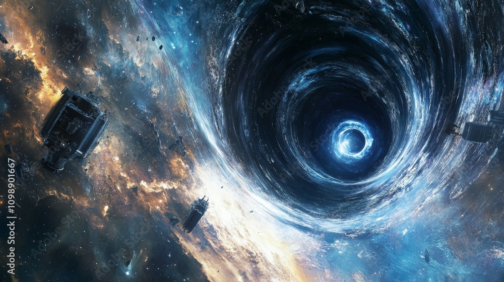 Poster a dynamic scene of a space expedition discovering a black hole that leads to another universe, chall
