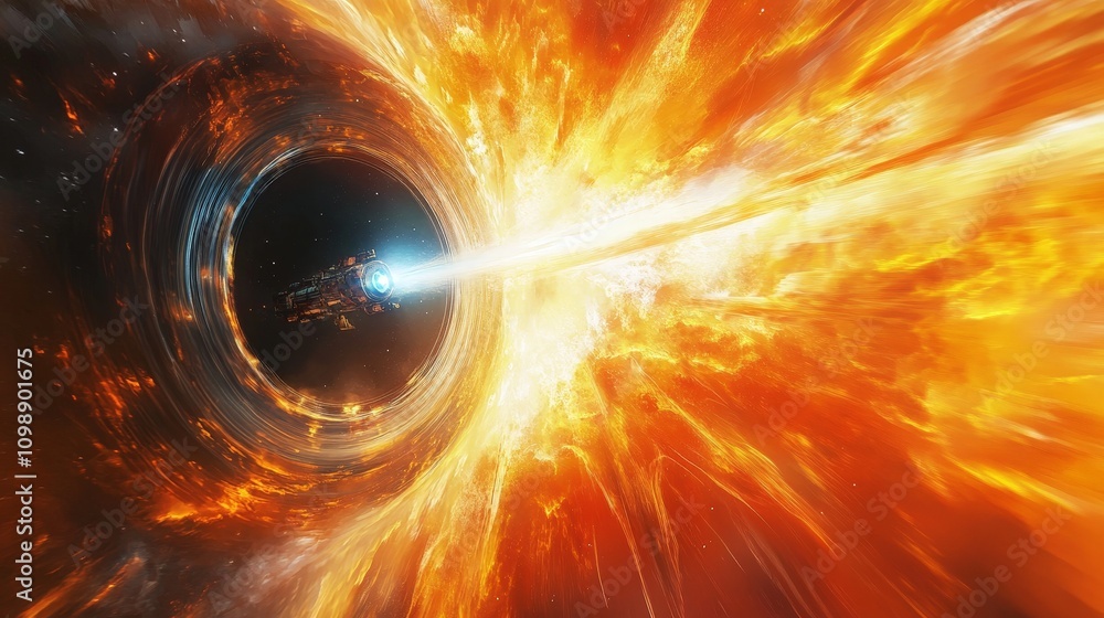Poster a dynamic scene of a spacecraft attempting to use a black hole gravitational field to achieve time t