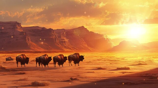 a group of bison in the badlands with a sunset and mountain background. Virtual 4K video animation background with looping time lapse with very smooth graphics.