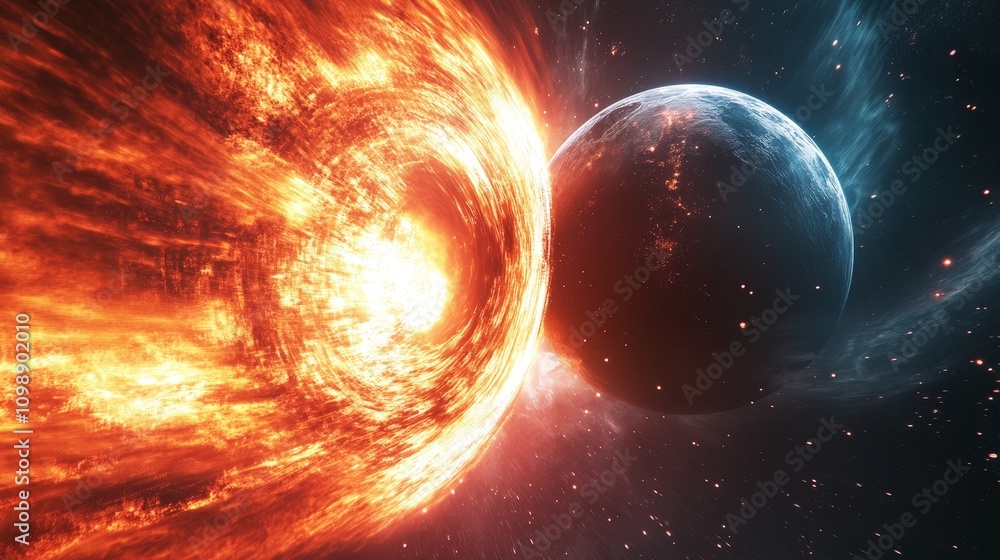 Poster a dynamic shot of a distant planet orbiting a neutron star, where time moves differently for its inh