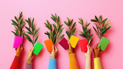 Hands of diverse individuals holding colorful passports and olive branches, symbolizing peace and unity on International Migrants Day.