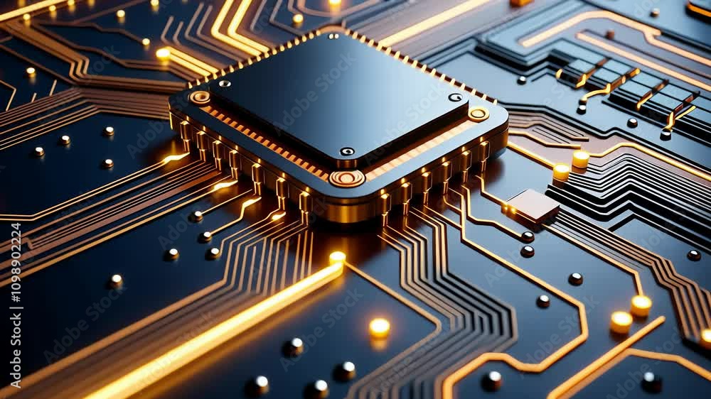 Poster futuristic circuit board animation with glowing microchip connections