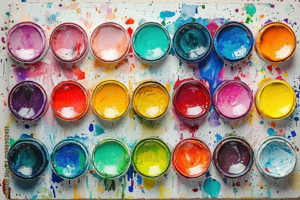 Poster colorful paint jars arranged in a vibrant abstract pattern on a splattered canvas. art and creativit