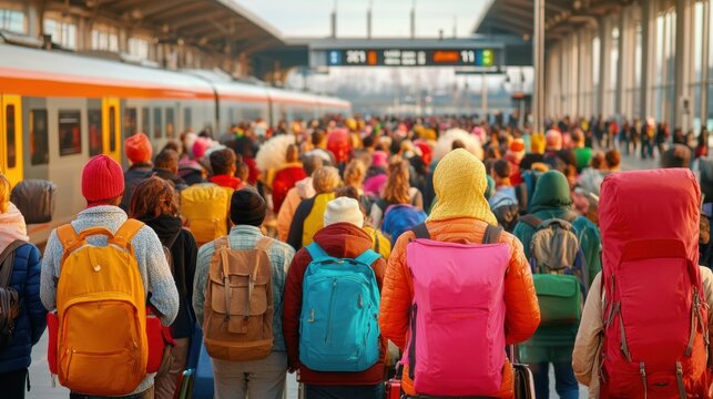 A traveler with a bright orange backpack and suitcase walking through a busy terminal, symbolizing journeys and new beginnings on International Migrants Day. - Powered by Adobe