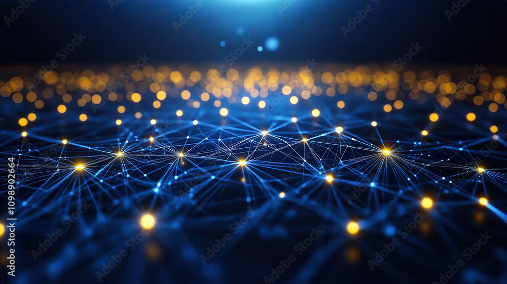 Poster abstract technology network with moving dots and lines on a blue background, representing communicat