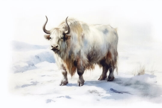 white snowy yak., watercolor style,  