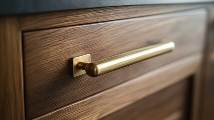 Obraz premium Close-up of a vintage wooden cabinet with a sleek brass handle highlighting rich grain textures and elegant furniture design elements.