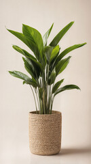 Elegant Parlor Palm in a Woven Basket Planter on a Neutral Background