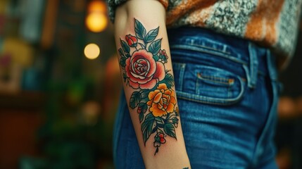 Woman's arm with floral tattoo.