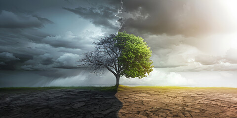 Tree Split by Climate Change Concept, Dual Weather and Environmental Impact Visualization

