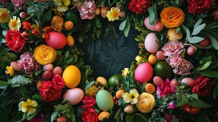 Vibrant Easter wreath adorned with colorful eggs and an array of blooming flowers, creating a festive backdrop full of springtime charm.