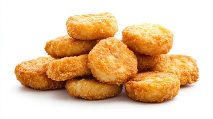 Stacked crispy golden brown chicken nuggets on a clean white background, highlighting their delicious texture and fast food appeal.