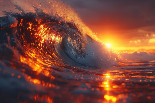 ocean sunset sea water wave in the shape of a surf barrel, 
