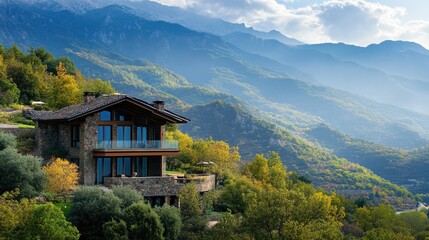 Luxurious mountain villa featuring contemporary design surrounded by lush greenery and majestic peaks under a dynamic sky.