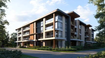 Modern apartment building featuring sleek design and extensive glass windows, surrounded by landscaped greenery and a wide driveway.