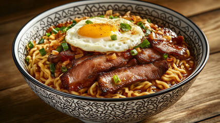 おいしそうな麺類、ラーメンの上に卵や肉がのっている、Generated AI