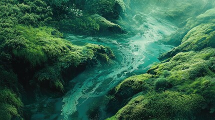 Obraz premium Lush Green Valley with a Serene Stream Flowing Through Dense Vegetation Illuminated by Soft Natural Light