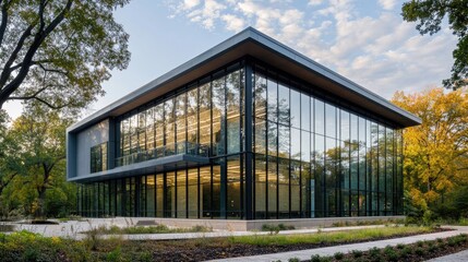 Fototapeta premium Modern Cultural Hub Showcasing a Glass and Metal Facade with Extensive Windows Surrounded by Lush Greenery and a Scenic Sky Backdrop
