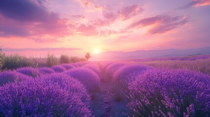 Obraz premium Lavender Fields Beneath a Dreamy Purple and Pink Sunset with Fluffy Clouds Highlighting a Serene Landscape