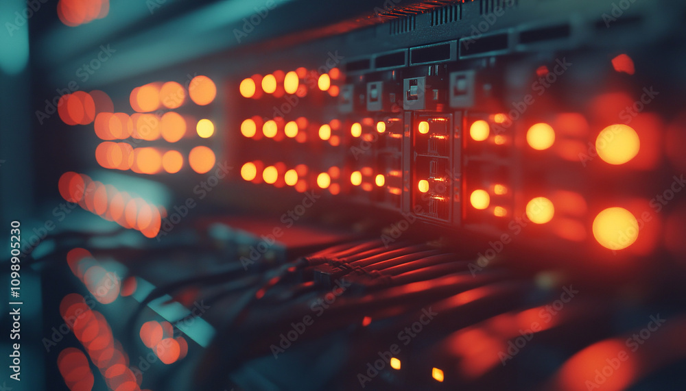 Aufkleber close up of fiber optic patch panel in network setup, showcasing vibrant red lights and intricate ca