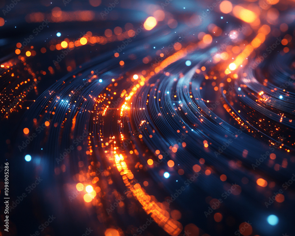 Poster mesmerizing close up of glowing fiber optic cables, showcasing vibrant light reflections and dynamic