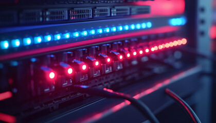 Fototapeta premium close up of fiber optic patch panel in network setup, showcasing vibrant blue and red lights indicating active connections. intricate design highlights modern technology