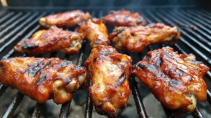Grilled chicken wings sizzling on the barbecue, showcasing a smoky glaze and charred perfection, ideal for outdoor gatherings and family meals.
