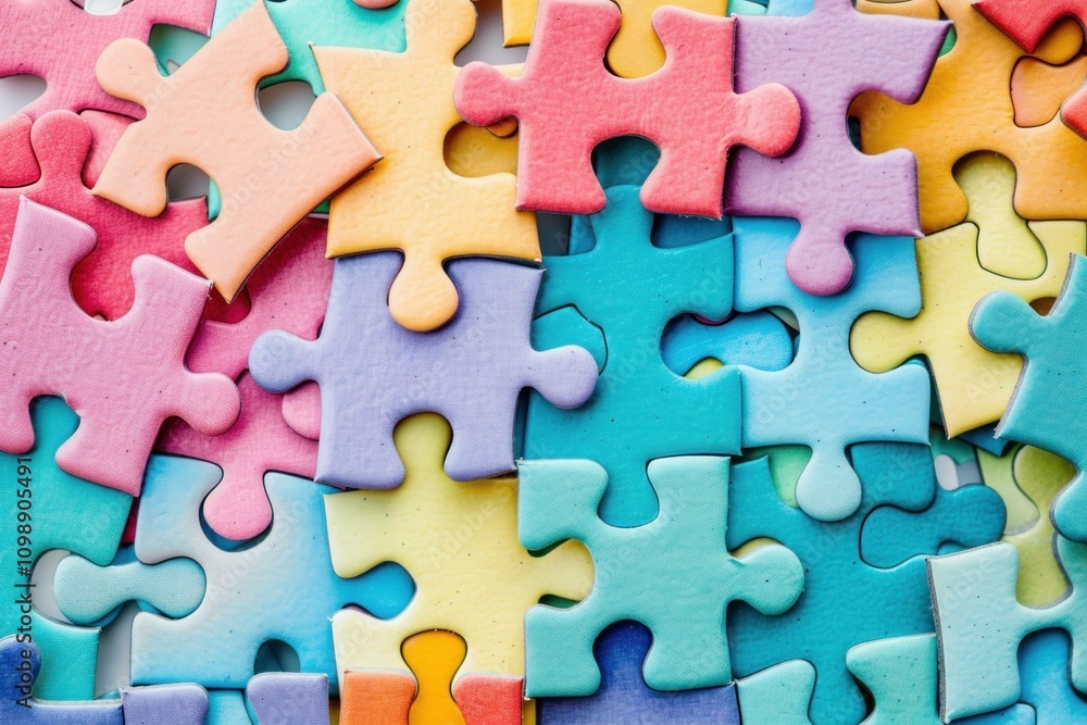 Poster colorful puzzle pieces scattered on a surface, representing creativity and problem-solving. bright p