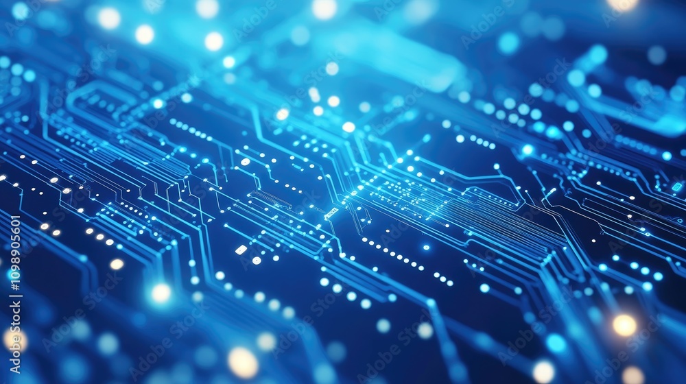 Poster dark blue circuit board background with illuminated pathways and microchip elements, perfect for tec
