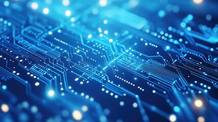 Dark blue circuit board background with illuminated pathways and microchip elements, perfect for technology, IT, and digital infrastructure themes.