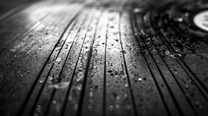 Detailed close-up of grooves on a vintage vinyl record showing unique textures and water droplets, capturing a nostalgic music experience in monochrome.