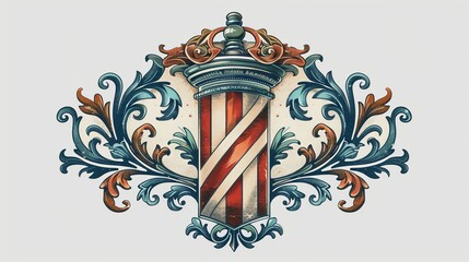 A vintage barber pole logo with ornate floral embellishments.
